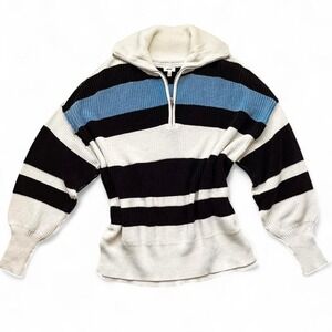 Aerie XS Oversized Striped Quarter Zip Cotton Knit Sweater Preppy Clean Girl